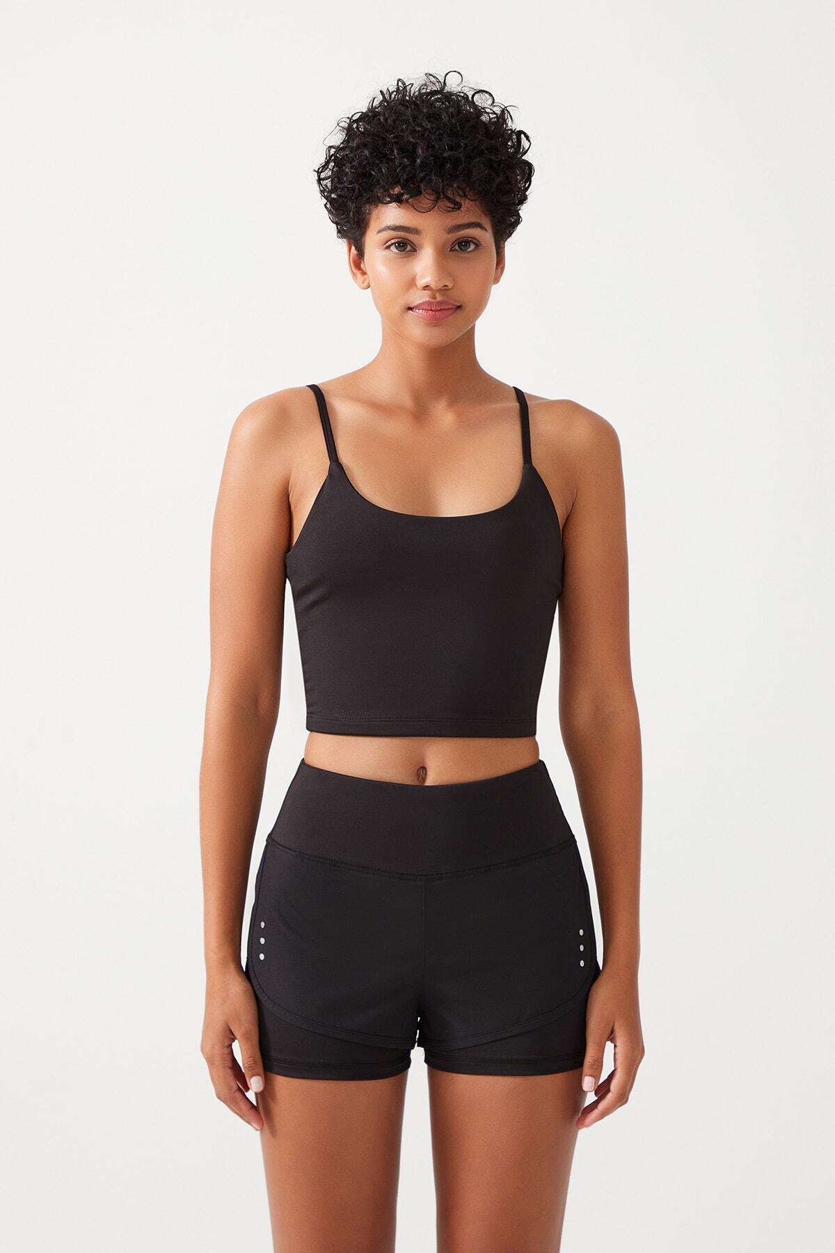 Kadın Siyah 2 Katmanlı Spor Şort - Şortlu Tayt 2in1