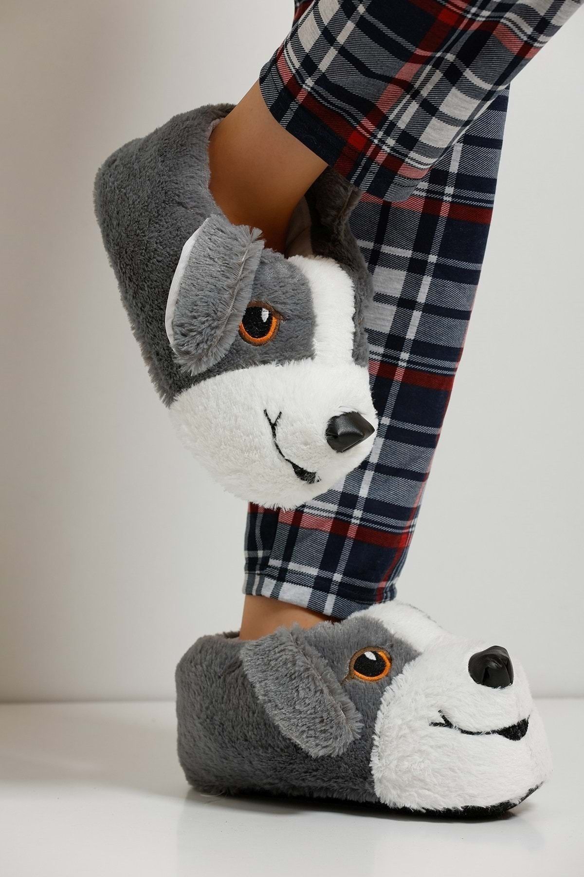 Yumuşak Taban Sevimli Köpek Panduf Gri-beyaz